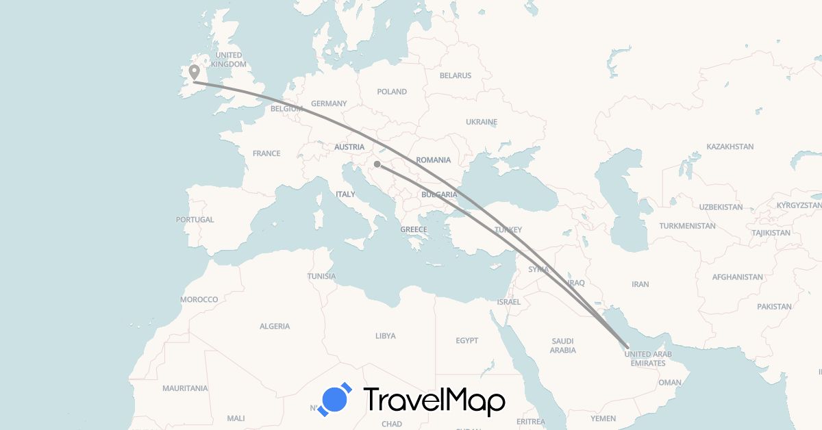 TravelMap itinerary: driving, plane in Croatia, Ireland, Qatar (Asia, Europe)